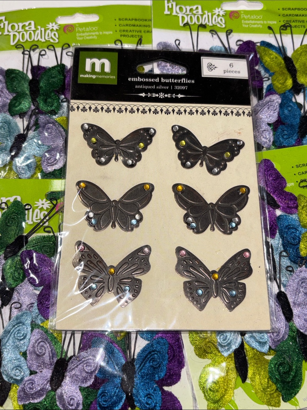 Flora Doodles Velvet Butterflies Set of 4 New Making Memories Butterfly